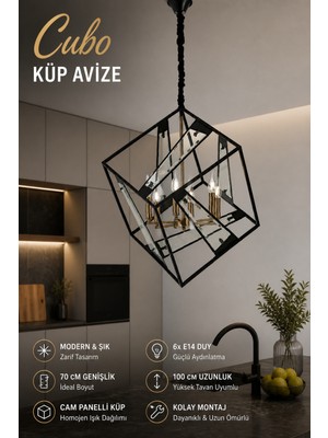 Elvora Home Modern (Premium) Siyah Metal Küp Kafes Şık Sarkıt Avizesi 6 Ampül Hediyeli Salon Mutfak Oturma Odası Avizesi Modelleri 6XE14 Duyulu