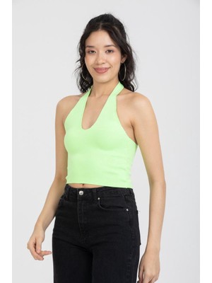 Paradice Kadın Askılı Beli Açık Crop Bluz Açık Yeşil