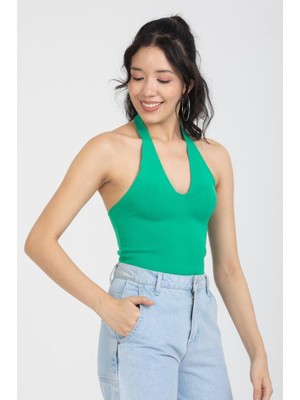 Paradice Kadın Askılı Beli Açık Crop Bluz Yeşil