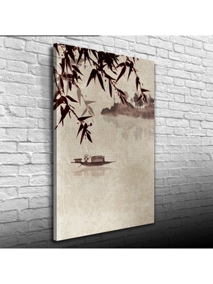 İşsevenler Nehirdeki Çinli Kayıkçı Suluboya Kanvas Tablo 50 x 70