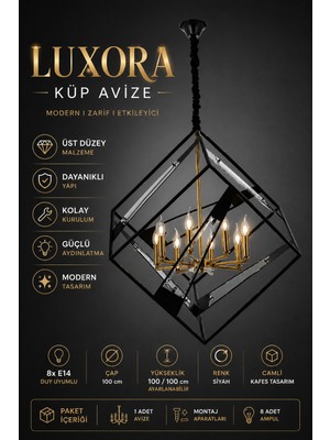 Elvora Home Modern (Premium) Siyah Metal Kafes Küp Şık Sarkıt Avizesi 8 Ampül Hediyeli Salon Mutfak Oturma Odası Avizesi Modelleri 8XE14 Duyulu