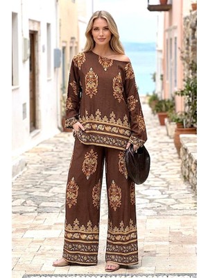 Veraura Lifestyle Kahverengi Otantik Desenli Pantolon Bluz Takım