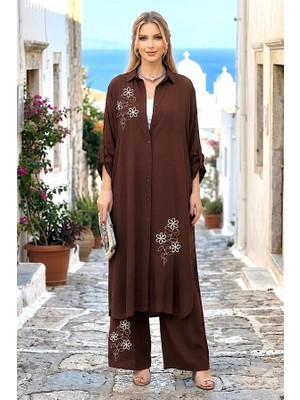 Veraura Lifestyle Kahverengi Çiçek Nakışlı Gömlek Elbise Pantolon Takım