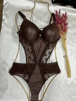 Nivene TRANSPARAN KAHVE DERİ  DANTELLİ DOLGULU BODY SUİT