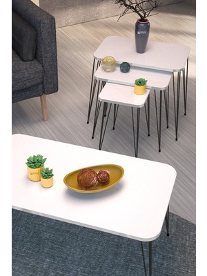 Zigon Sehpa Kr ve Orta Sehpa Kr Set Siyah Ayak Beyaz Tel 1102