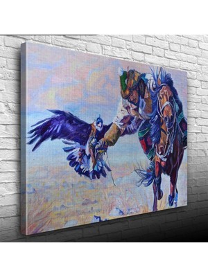 İşsevenler Şahin İle Avlanan Atlı Yağlıboya Kanvas Tablo 50 x 70