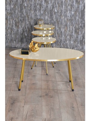 Zigon Sehpa ve Orta Sehpa Elips Gold Metal Ayak Gold Krem Set