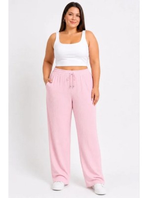 Efnaz Style Battal Beden Bürümcük Kumaş Beli Lastikli Bağcıklı Bol Paça Palazzo Pantolon - Pembe
