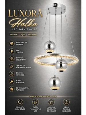 Elvora Home Modern (Premium) Şık Krom Küreli Gold Detaylı 3 Renkli Ledli 84W Sarkıt Avizesi Salon Mutfak Çocuk Odası Avizesi Modelleri