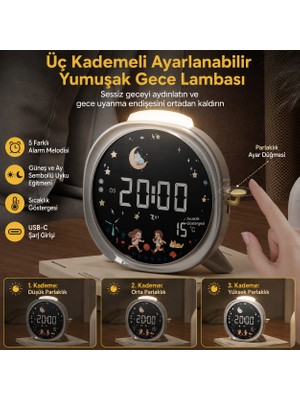 Azurtech Akıllı Çocuk Alarm Saati | Uyku Eğitmeni, Güneş & Ay Göstergeli, Gece Lambalı, Usb-C Şarjlı, Dijital Sıcaklık Göstergeli