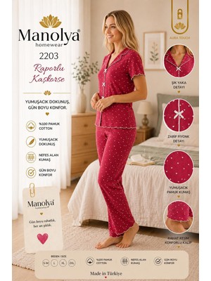 Aura Touch Gömlek Yaka Kaşkorse Kısa Kollu Kalp Desenli Pijama Takımı