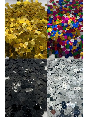 Hobi Dünyası Evim 4'lü Set 10'ar Gram 8 mm Ortadan Delikli Güpür Takı Yazma Kumaş Bandana File Bere Çanta Süsleme Pulu Plastik Payet Pul Boncuk - Yeşil Turuncu Gümüş Sarı