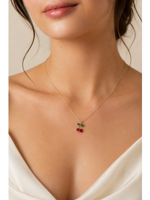 Balenbi Jewelry Kadın Kiraz Figürlü Renkli Taşlı Kararmaz Çelik Kolye 14K Gold 1155