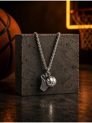 Basketbol Topu ve Çember 925 Ayar Gümüş Kolye - Basketbol Kolye Ucu - Spor Takıları