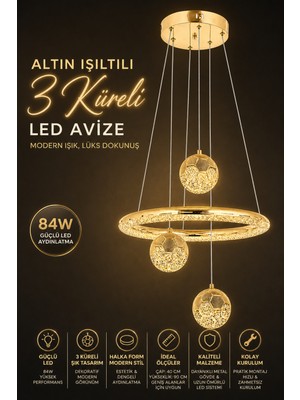 Elvora Home Modern (Premium) Şık Gold Küreli 3 Renkli Ledli 84W Sarkıt Avizesi Salon Mutfak Çocuk Odası Avizesi Modelleri