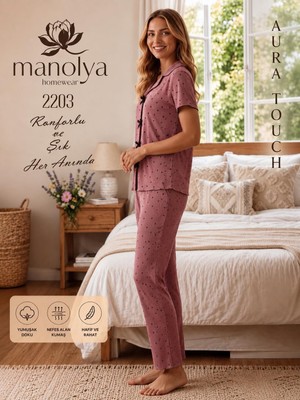 Aura Touch Gömlek Yaka Kaşkorse Kısa Kollu Kalp Desenli Pijama Takımı