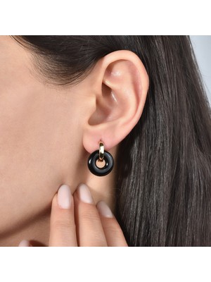 Nox Jewelry 14 Ayar Altın Kaplama Gümüş Doğal Siyah Oniks Donut Taşlı Sallantılı Halka Küpe - ES00154