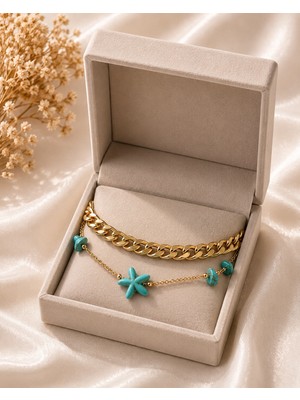 Gmn Collection Yeni Sezon Yeni Seri Summer Fashion Çift Zincir Sıralı Yıldız ve Doğal Taş Detaylı Gold Halhal