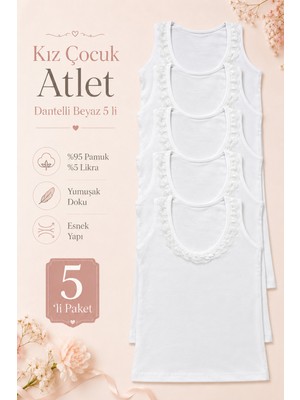 Nicoletta Kız Çocuk Atlet Geniş Askılı 5 Li Paket Likralı Dantelli Beyaz