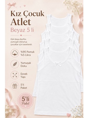 Nicoletta Kız Çocuk Atlet Geniş Askılı 5 Li Paket Likralı Beyaz