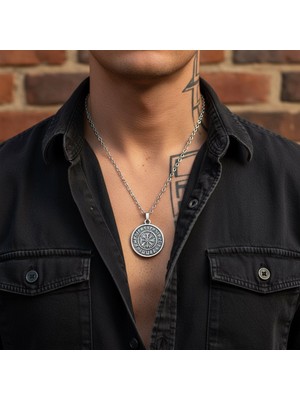 Alooya Vegvisir Viking Pusula Gümüş Kaplama Düz Zincir Kolye