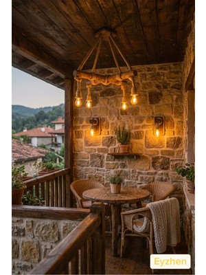 Eyzhen El Yapımı Ahşap Halatlı Rustik Avize 2’li Duvar Aplik Seti Balkon Teras Kış Bahçesi Kafe Restoran Dekoratif Aydınlatma Balkon Takımı