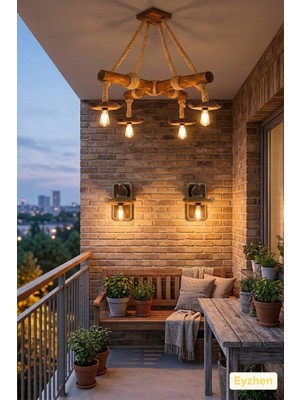 Eyzhen El Yapımı Ahşap 4 Lü Halatlı Avize ve 2’li Duvar Aplik Balkon Seti Bohem Rustik Bükülebilir Başlıklı Balkon Teras Salon Kafe Ayndınlatma