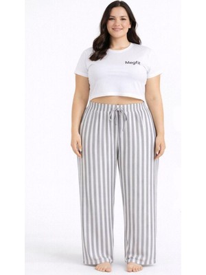 Hace Bazaar Viskon Pamuklu Kadın Büyük Beden Açık Gri Çizgili Pijama Pantolon - MGB006 - Mudanis