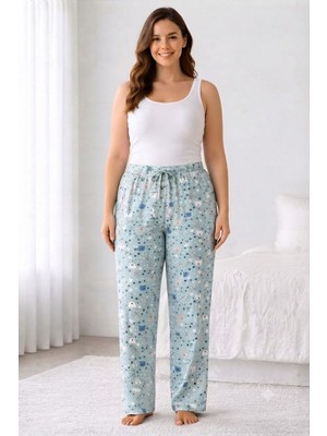 Hace Bazaar Viskon Pamuklu Kadın Büyük Beden Deniz Mavisi Desenli Pijama Pantolon - MGB012 - Mudanis