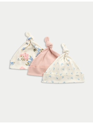 Marks & Spencer 3’lü Saf Pamuklu Çiçek Desenli Bebek Şapkası Seti (0–12 Ay)