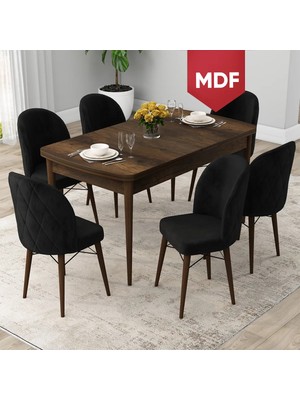 Canisa Concept Rut Serisi MDF Açılabilir 80X132 Barok Ahşap Desen Mutfak Masası Takımı ve 6 Sandalye
