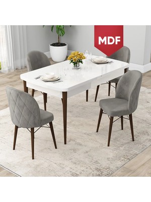 Canisa Concept  Rut Serisi MDF Açılabilir 80X132 Beyaz Masa Ceviz Ayak Mutfak Masası Takımı ve 4 Sandalye