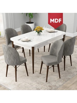 Canisa Concept  Rut Serisi MDF Açılabilir 80X132 Beyaz Masa Ceviz Ayak Mutfak Masası Takımı ve 6 Sandalye