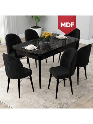 Canisa Concept Rut Serisi MDF Açılabilir 80X132 Siyah Mermer Desen Mutfak Masası Takımı ve 6 Sandalye