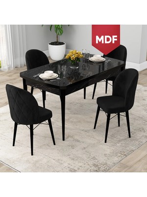 Canisa Concept Rut Serisi  MDF Açılabilir 80X132 Siyah Mermer Desen Mutfak Masası Takımı ve 4 Sandalye