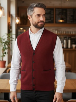 Kamalı Erkek Bordo V Yaka Triko Düğmeli Cepli Çizgi Desenli Regular Fit Tüylenmeyen Örgü Yelek