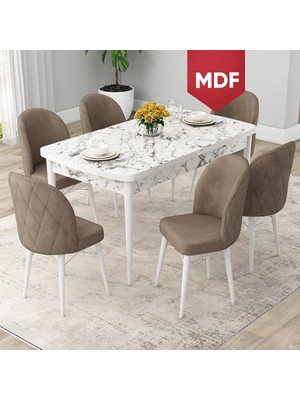 Canisa Concept Rut Serisi MDF Açılabilir 80X132 Beyaz Mermer Desen Mutfak Masası Takımı ve 6 Sandalye