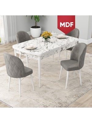 Canisa Concept Rut Serisi MDF Açılabilir 80X132 Beyaz Mermer Desen Mutfak Masası Takımı ve 4 Sandalye
