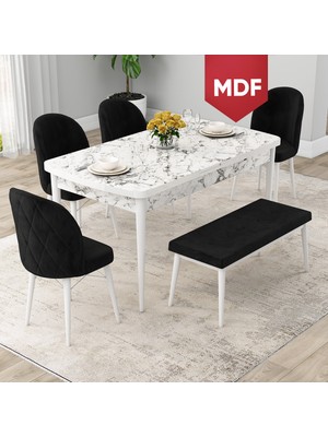 Canisa Concept Rut Serisi MDF Açılabilir 80X132 Beyaz Mermer Desen Mutfak Masa Takımı 4 Sandalye 1 Bench