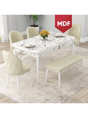 Canisa Concept Rut Serisi MDF Açılabilir 80X132 Beyaz Mermer Desen Mutfak Masa Takımı 4 Sandalye 1 Bench