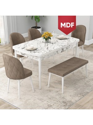 Canisa Concept Rut Serisi MDF Açılabilir 80X132 Beyaz Mermer Desen Mutfak Masa Takımı 4 Sandalye 1 Bench