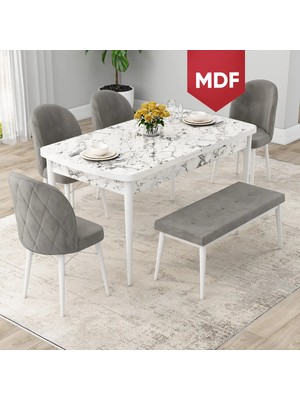 Canisa Concept Rut Serisi MDF Açılabilir 80X132 Beyaz Mermer Desen Mutfak Masa Takımı 4 Sandalye 1 Bench