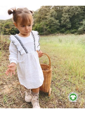 Cigit Nakışlı Fırfırlı Mevsimlik Organik Müslin Elbise 1-8 Yaş Ekru