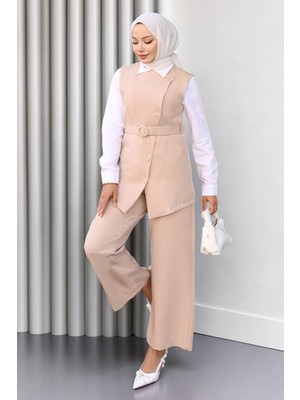 Missvalle Kemerli Yelek Pantolon Takım Bej 19250