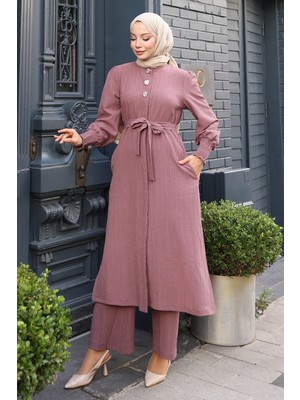 Missvalle Düğme Detaylı Kuşaklı Takım Gül Kurusu 19291