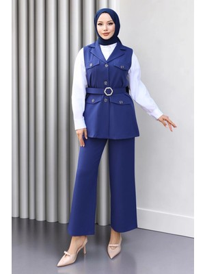 Missvalle Süs Cep Detaylı Yelekli Takım Indigo 19249