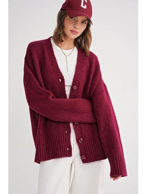 Mixray 6927 Kadın Salaş Basic Triko Hırka Bordo Yumuşak Dokulu Düz Desen Orta Kalınlık