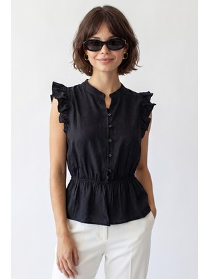Mixray 4921 Kadın Volanlı Hakim Yaka Jakarlı Peplum Bluz Siyah