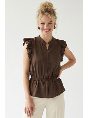Mixray 4921 Kadın Volanlı Hakim Yaka Jakarlı Peplum Bluz Kahve
