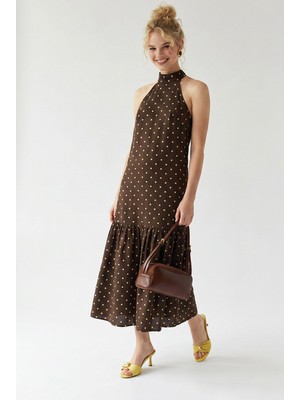 Mixray 4927 Kadın Puantiye Desenli Halter Yaka Maxi Elbise Kahve